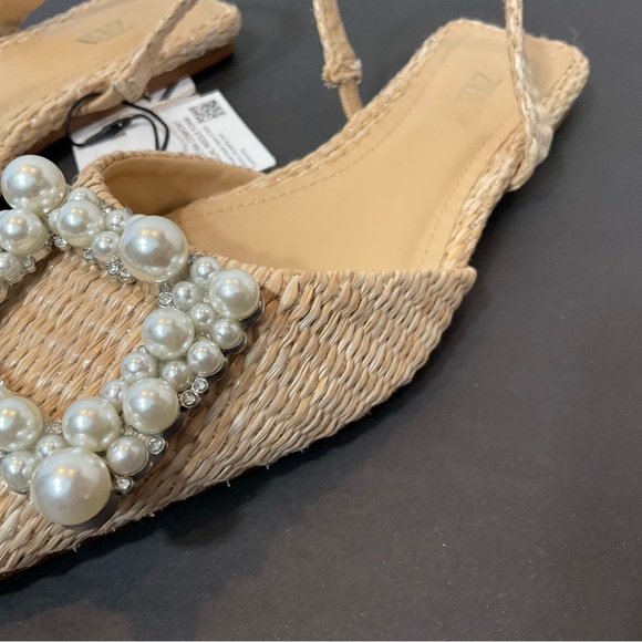 ZARA NWT beige raffia flats with pearl and rhinestone detail 2531/910 size 5 - Picture 4 of 12